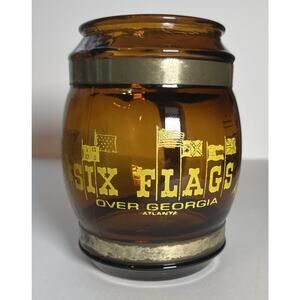Vintage Six Flags Over Georgia Atlanta Amber Glass, Wood And Metal Collector Cup